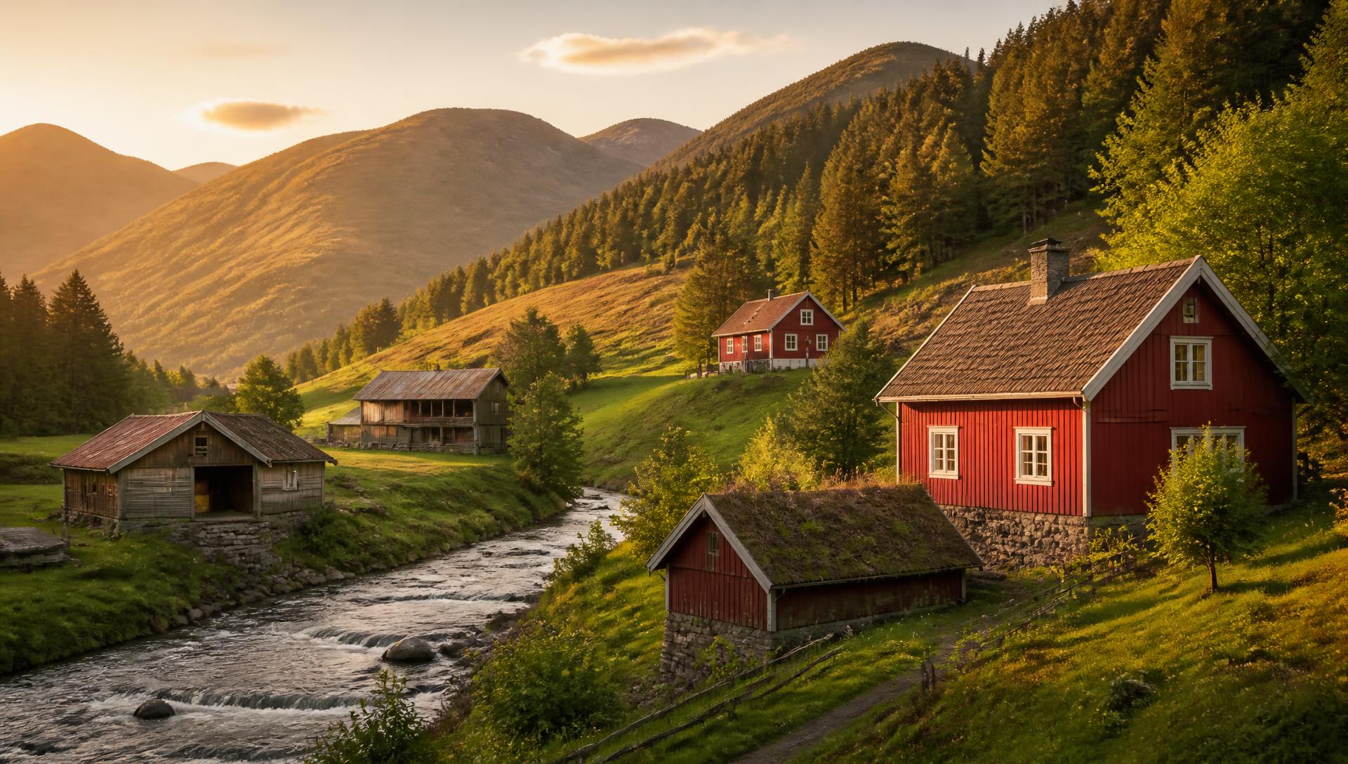 Norsk bygdelandskap med røde trehus, elv og skogkledde åser i kveldssol